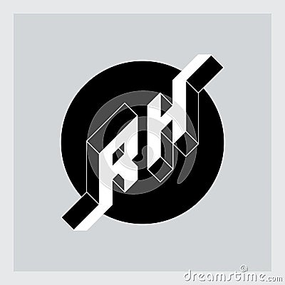R and H - Monogram or logotype. Isometric 3d font for design. Vector. Three-dimension letters R and H on a round substrate. RH - 2 Vector Illustration