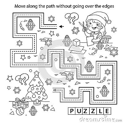 Handwriting practice sheet. Simple educational game or maze. Coloring Page Outline Of cartoon girl making Christmas paper lanterns Vector Illustration