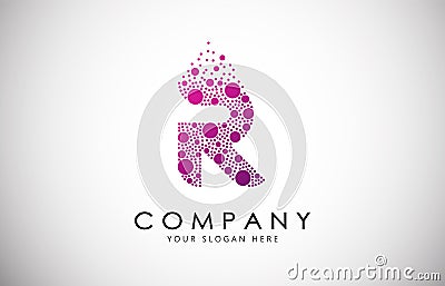 R Letter Logo with Dispersion Effect and Dots, Bubbles, Circles. Vector Illustration