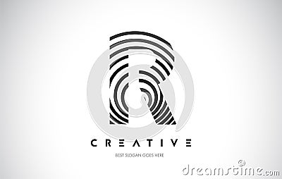 R Lines Warp Logo Design. Letter Icon Made with Black Circular Lines Vector Illustration