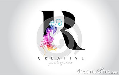 R Vibrant Creative Leter Logo Design with Colorful Smoke Ink Flo Vector Illustration
