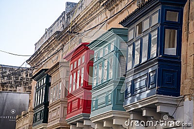 Row of traditional Maltese house balconies Editorial Stock Photo