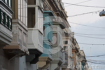 Rabat medieval village street view building in Malta painted bow windows Editorial Stock Photo