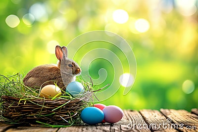 Rabbit amongst coloured eggs in basket, studio shot Curious, cute and funny Easter Bunny or Easter Rabbit peeking behind a pile of Stock Photo