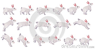 Rabbit animation. Bunny jump or animated running motion cycle for 2d game, speed run hare body animal sequence frame set Vector Illustration