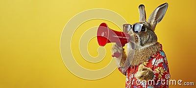Rabbit Announcing in Tropical Shirt on Yellow Stock Photo