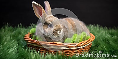 Rabbit in the basket with colored easter eggs Stock Photo