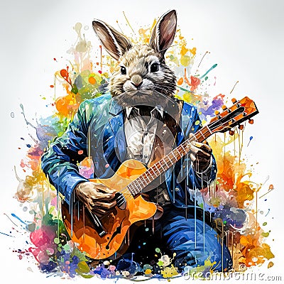 Rabbit in beautiful costume playing acoustic guitar Stock Photo