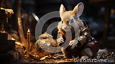 rabbit bending down knees and touching gold ingot. generative ai Stock Photo