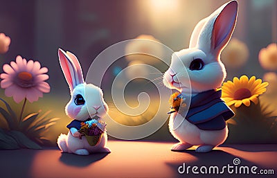 Rabbit in a blooming garden with a bouquet in their hands, holiday greeting card, love concept. Ai generated Stock Photo