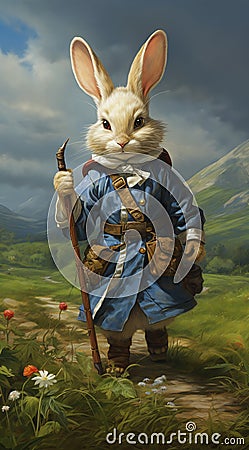 Rabbit in blue coat holding stick with feathered mouse cavalry s Stock Photo