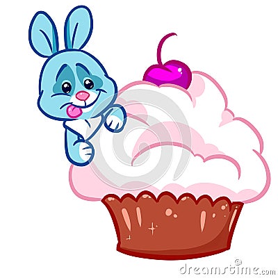 Rabbit cake cherry sweet dessert Animal character cartoon illustration Cartoon Illustration