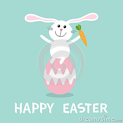 Rabbit with carrot sitting on painting pink egg shell. Happy Easter bunny pyramid set. Farm animal. Cute cartoon funny character. Vector Illustration