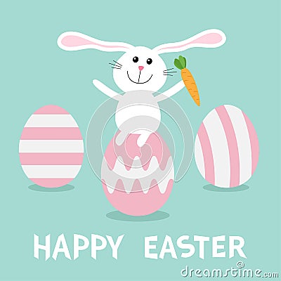 Rabbit with carrot sitting on painting pink egg shell. Happy Easter bunny and three egg set. Farm animal. Cute cartoon funny chara Vector Illustration