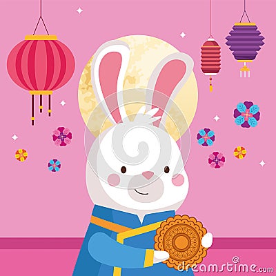 Rabbit cartoon in traditional cloth mooncake moon and lanterns vector design Vector Illustration