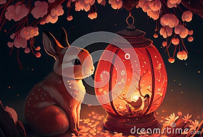 Rabbit with cherry blossom flowers and Chinese lantern style lighting in the night. Digital art. Generative AI Stock Photo