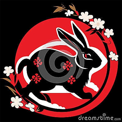 Rabbit and cherry blossoms in a circle on a black background Generative AI Vector Illustration
