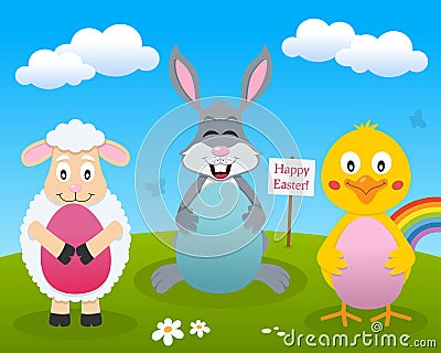 Rabbit, Chick & Lamb with Easter Eggs Vector Illustration