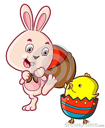 The rabbit with the chicken in the easter event Vector Illustration