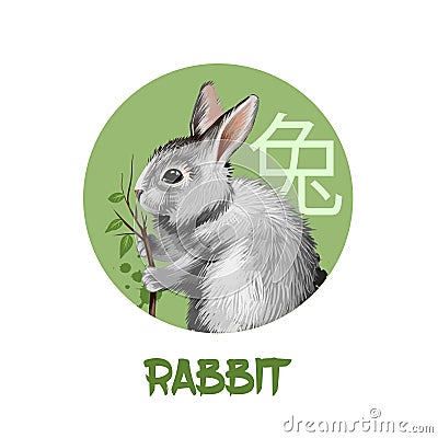 Rabbit chinese horoscope character isolated on white background. Symbol Of New Year 2023. Pet bunny hare animal in circle with hie Cartoon Illustration