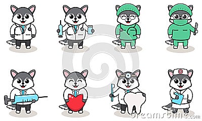 Vector illustration of Cute Character Cartoon of Wolf Doctor. Vector Illustration