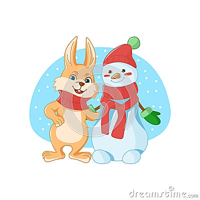 Rabbit and cute snowman standing together Vector Illustration