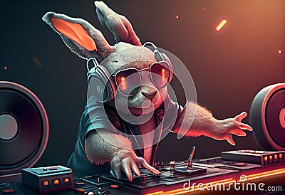 Rabbit DJ at the party. Generate Ai. Stock Photo