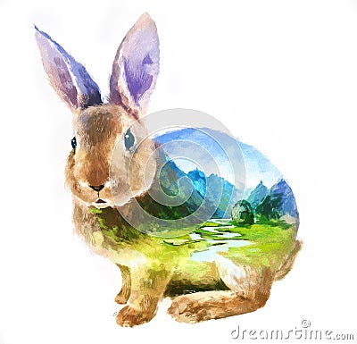Rabbit double exposure illustration Cartoon Illustration