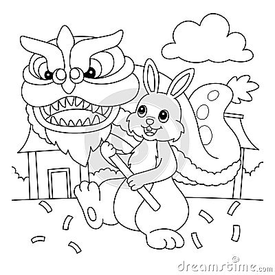 Rabbit Dragon Dancing Coloring Page for Kids Vector Illustration