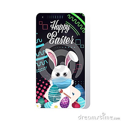 Rabbit drawing on eggs happy easter bunny spring holiday concept greeting card lettering smartphone screen mobile app Vector Illustration