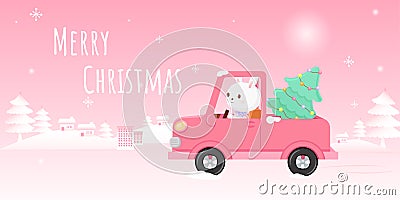 A rabbit drives a Christmas tree to decorate the house Cartoon Illustration