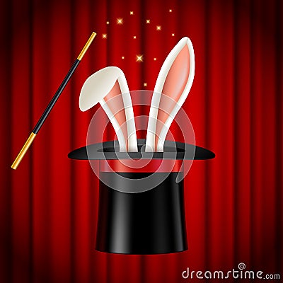 Rabbit ears appearing from magician hat, magic trick Vector Illustration