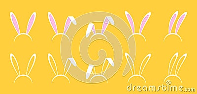 Rabbit ears. Pink easter mask of bunny rabbit ears. Cartoon headband and costume of rabbit. Funny icon set isolated on yellow Vector Illustration