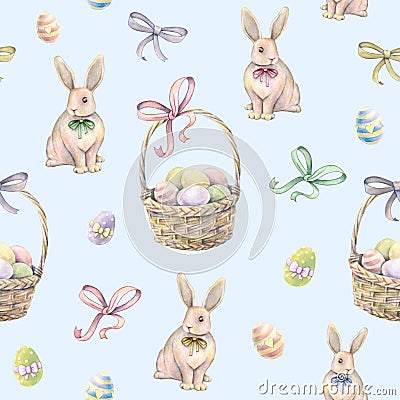 Rabbit with Easter basket on a blue background. Color Easter eggs. Watercolor drawing. Handwork. Seamless pattern Stock Photo