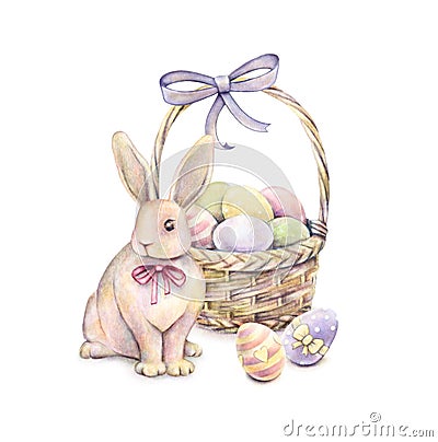 Rabbit with Easter basket on a white background. Color Easter eggs. Watercolor drawing. Handwork Stock Photo