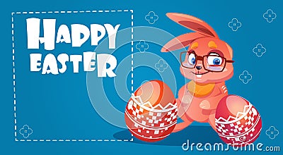 Rabbit Easter Holiday Bunny Hold Decorated Eggs Greeting Card Vector Illustration