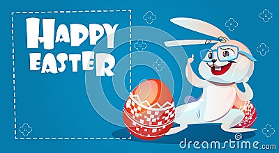 Rabbit Easter Holiday Bunny Hold Decorated Eggs Greeting Card Vector Illustration