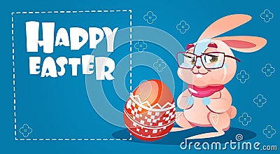 Rabbit Easter Holiday Bunny Hold Decorated Eggs Greeting Card Vector Illustration