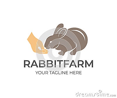 Rabbit eats food with hand person`s, logo design. Rabbit farm, agriculture, farming and agricultural, vector design. Nature and wi Vector Illustration