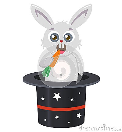 The rabbit emerges from the hat. magic trick. the hare is eating a carrot. Cartoon Illustration