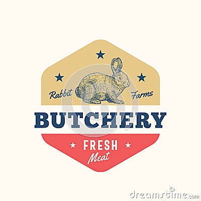 Rabbit Farms Fresh Meat Abstract Vector Sign, Symbol or Logo Template. Hand Drawn Rabbit Sillhouette with Retro Vector Illustration