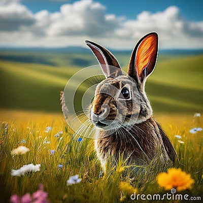 Rabbit in a Field of Spring Flowers Stock Photo