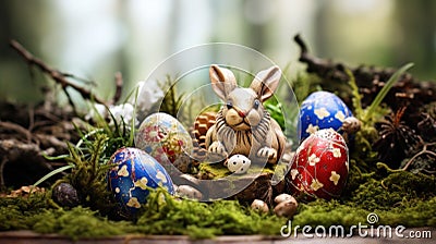 A rabbit figurine sitting in a mossy nest, AI Stock Photo