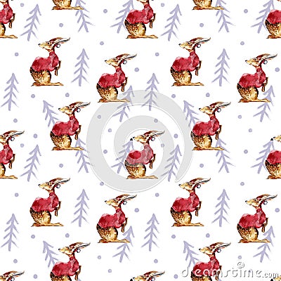 Rabbit and firtrees, winter hand drawn background, watercolor seamless pattern. Vector Illustration
