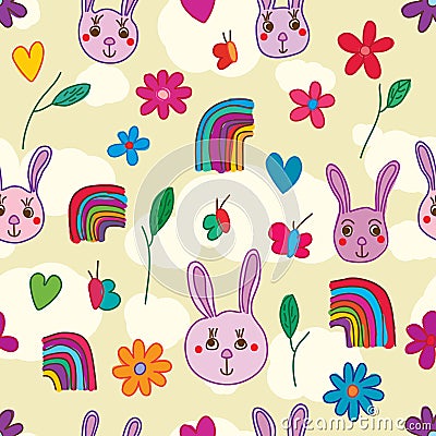 Rabbit flower rainbow sky seamless pattern Vector Illustration