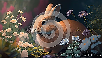 Rabbit on garden flower showcases an adorable bunny amidst colorful blooms, evoking a sense of nature and whimsy Stock Photo