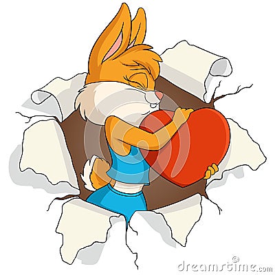 Rabbit girl holds love heart in hole Vector Illustration