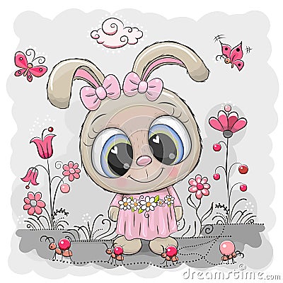 Rabbit girl on a meadow with flowers and butterflies Vector Illustration