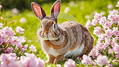 Rabbit in the grass with pink flowers in the background. Stock Photo