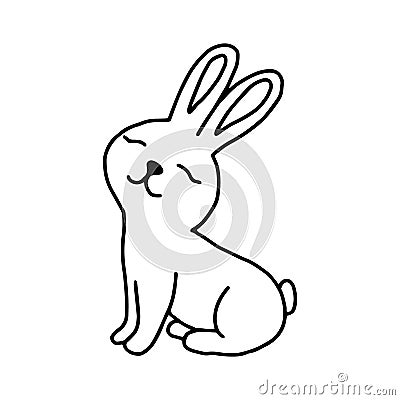 Rabbit hand-drawn contour line drawing. Black and white image.Easter bunny.For postcards, printing on fabric.Cute animal.Doodles. Vector Illustration